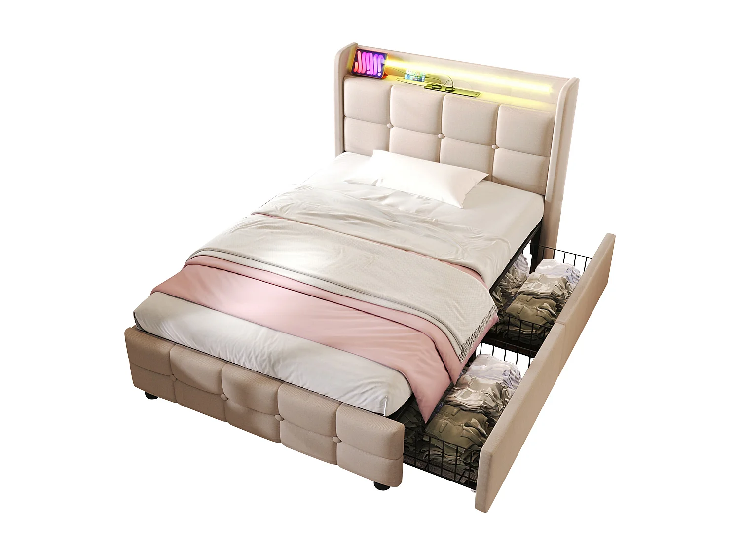 Lit simple 90x200 cm beige avec prises USB, éclairage LED et 2 tiroirs de rangement