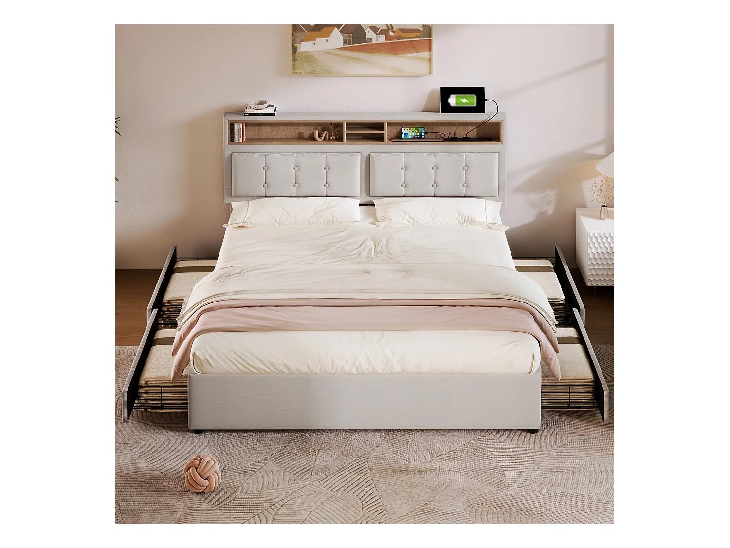 Lit double 160x200 cm avec 4 tiroirs et prise USB-C, tête de lit réglable en hauteur, en lin beige