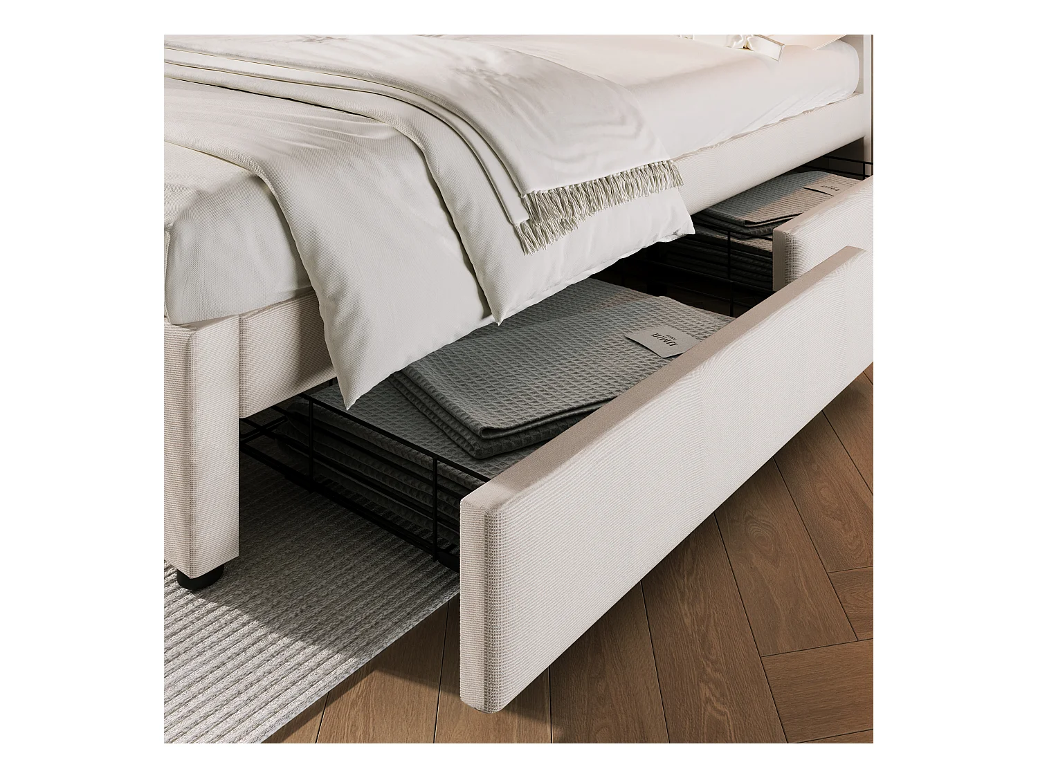 Lit double 160x200 cm avec 4 tiroirs et prise USB-C, tête de lit réglable en hauteur, en lin beige