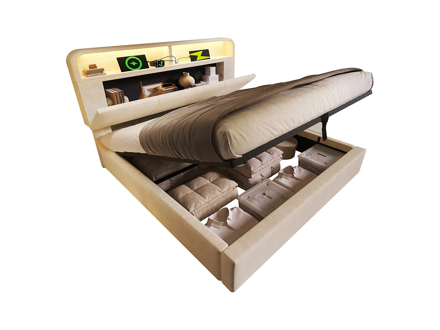 Lit coffre hydraulique - 180 x 200 cm - tête de lit réglable avec rangement - avec Leds + USB/Type-C - velours - beige