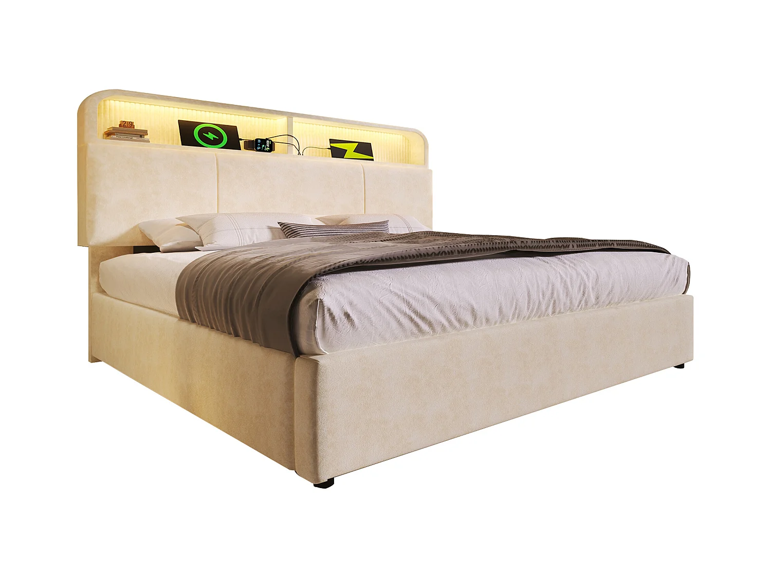 Lit coffre hydraulique - 180 x 200 cm - tête de lit réglable avec rangement - avec Leds + USB/Type-C - velours - beige