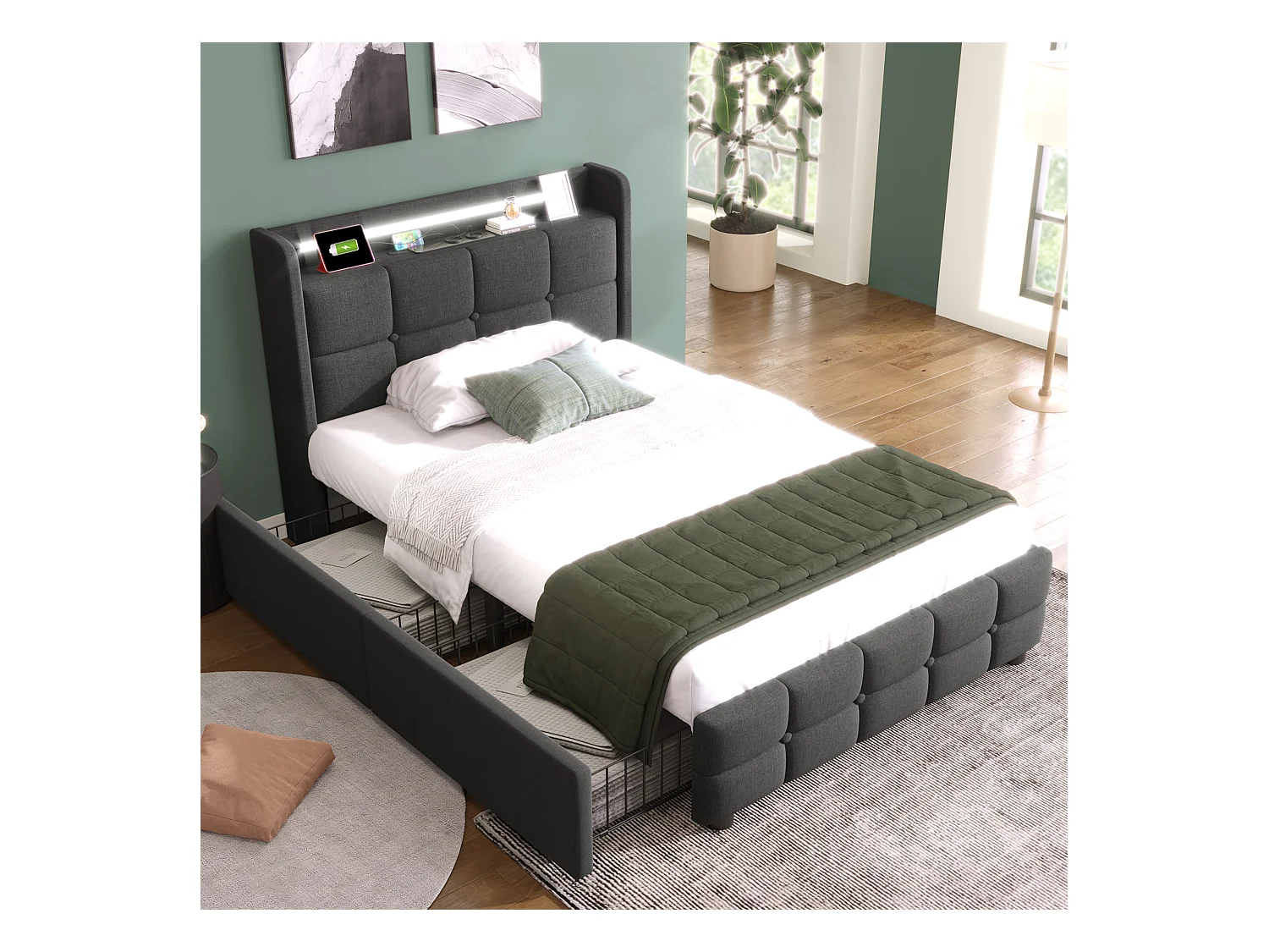Lit simple 90×200 cm gris avec éclairage LED, prises USB et 2 tiroirs de rangement