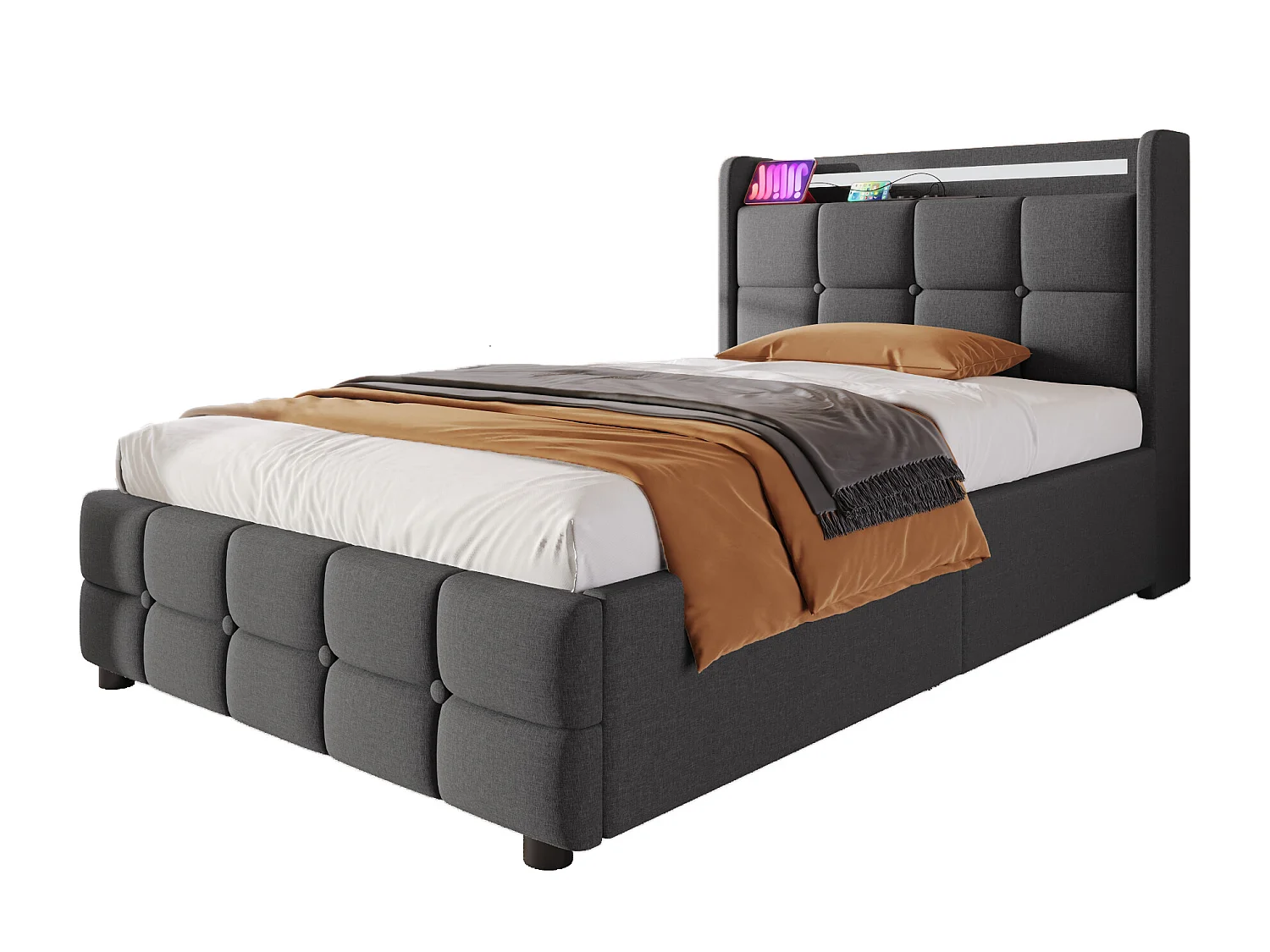 Lit simple 90×200 cm gris avec éclairage LED, prises USB et 2 tiroirs de rangement