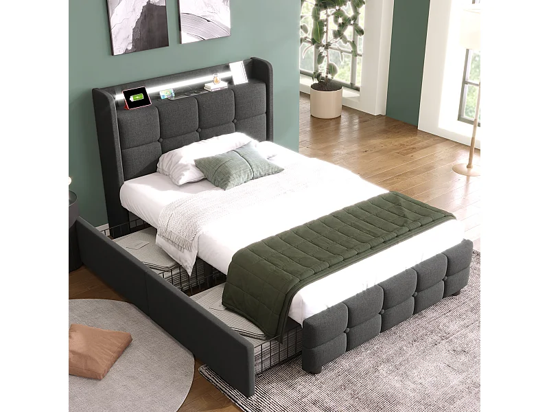 Lit simple 90×200 cm gris avec éclairage LED, prises USB et 2 tiroirs de rangement