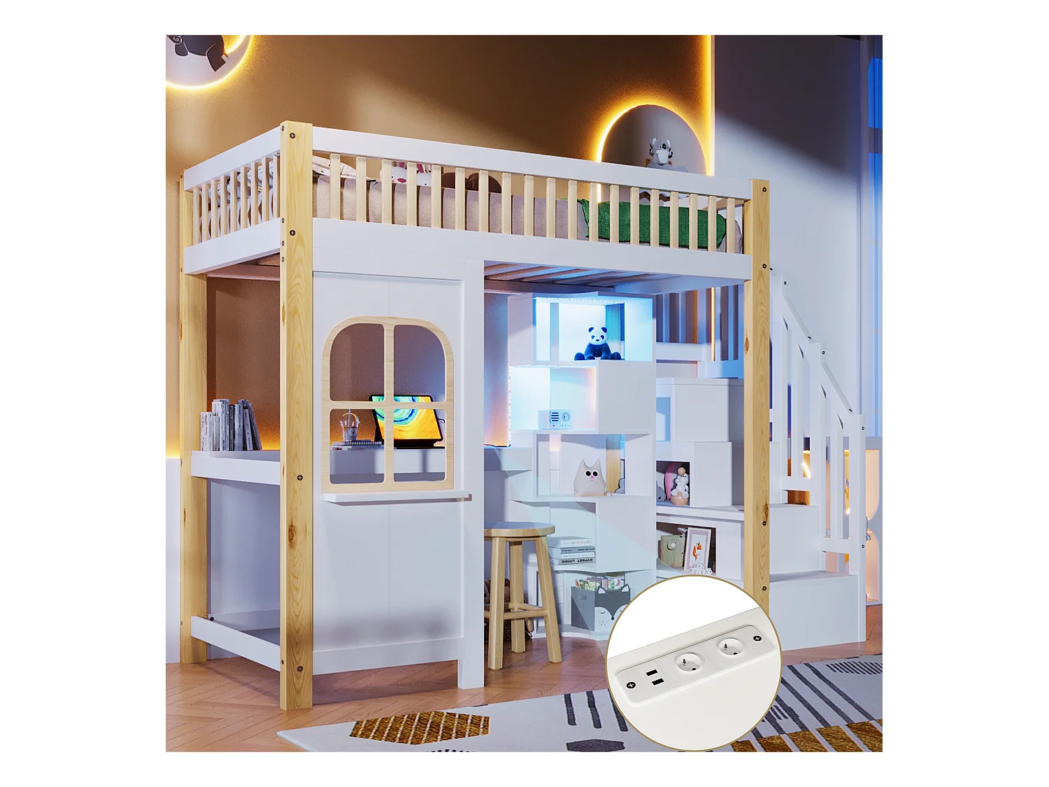 Łóżko piętrowe dla dzieci - 90 x 200 cm - z oświetleniem LED + drabinka + biurko + półka - drewno - kolor biały + naturalny