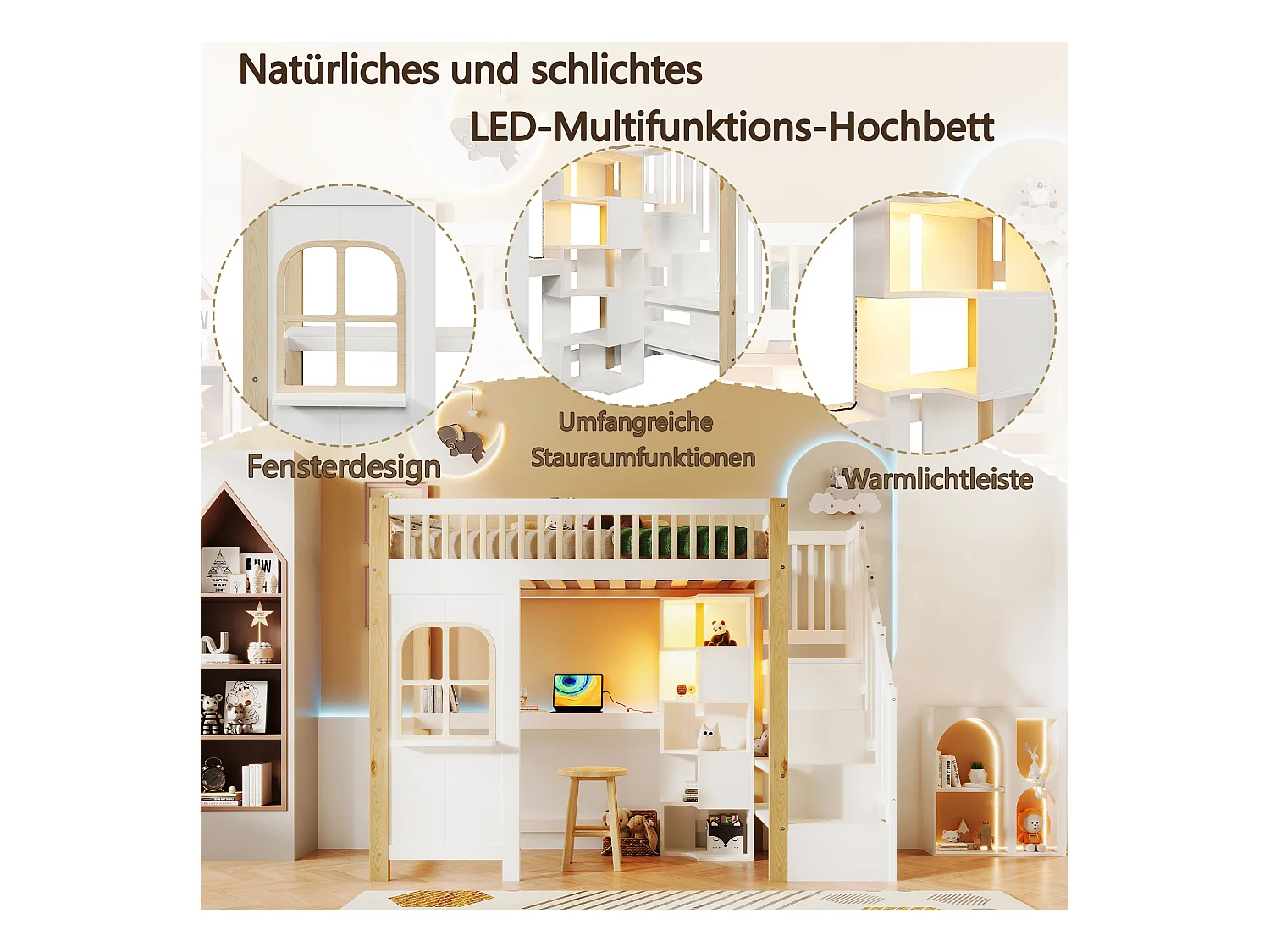 Łóżko piętrowe dla dzieci - 90 x 200 cm - z oświetleniem LED + drabinka + biurko + półka - drewno - kolor biały + naturalny