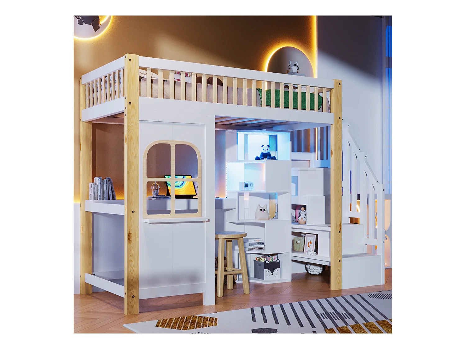 Lit mezzanine enfant - 90 x 200 cm - avec Leds + échelle de rangement + bureau + étagère - bois - blanc + naturel