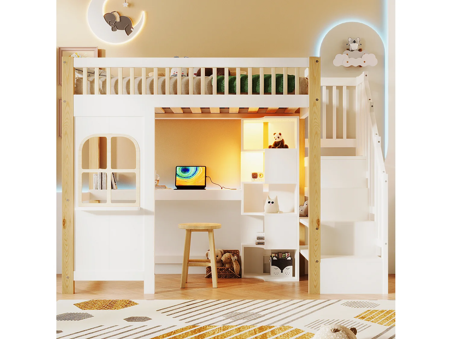 Cama alta infantil - 90 x 200 cm - com LEDs + escada de armazenamento + escrivaninha + prateleira - madeira - branco + natural