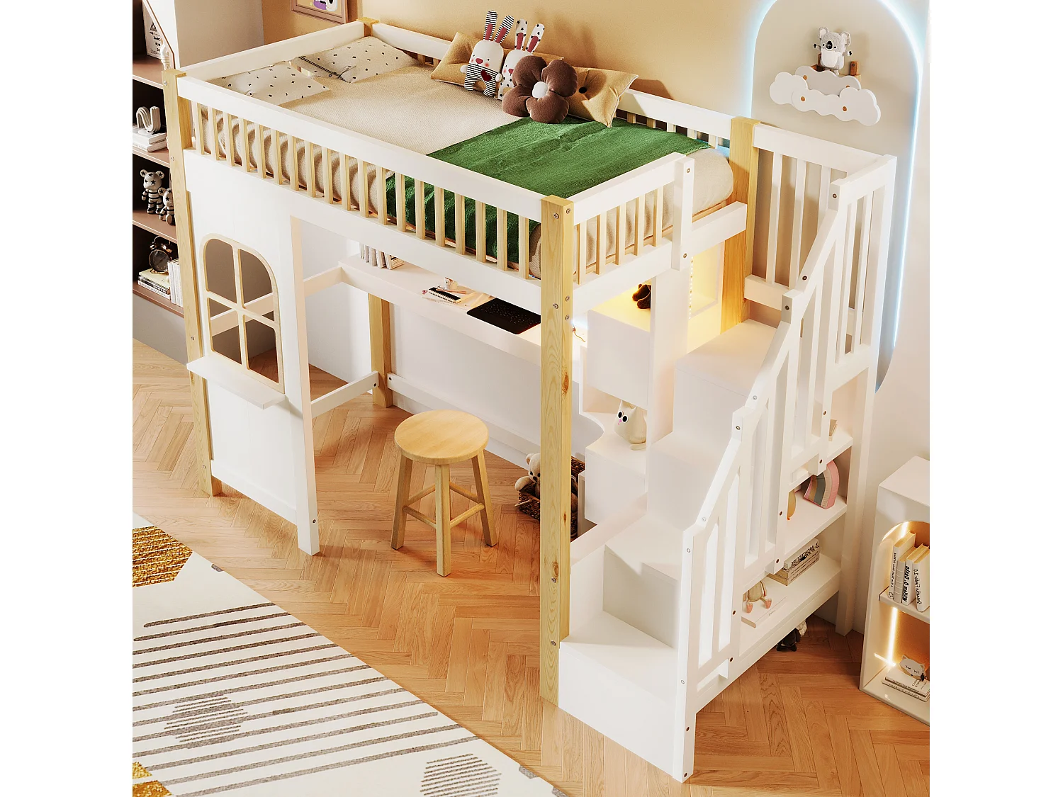 Cama alta infantil - 90 x 200 cm - com LEDs + escada de armazenamento + escrivaninha + prateleira - madeira - branco + natural