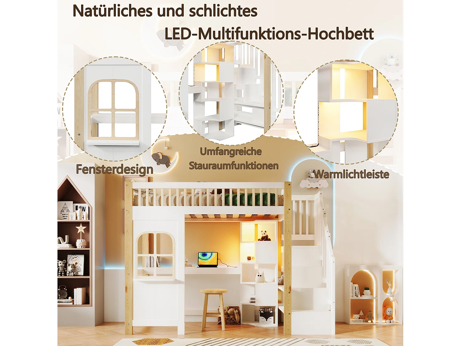 Cama alta infantil - 90 x 200 cm - com LEDs + escada de armazenamento + escrivaninha + prateleira - madeira - branco + natural