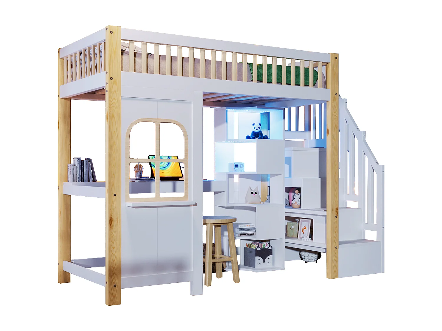 Cama alta infantil - 90 x 200 cm - com LEDs + escada de armazenamento + escrivaninha + prateleira - madeira - branco + natural