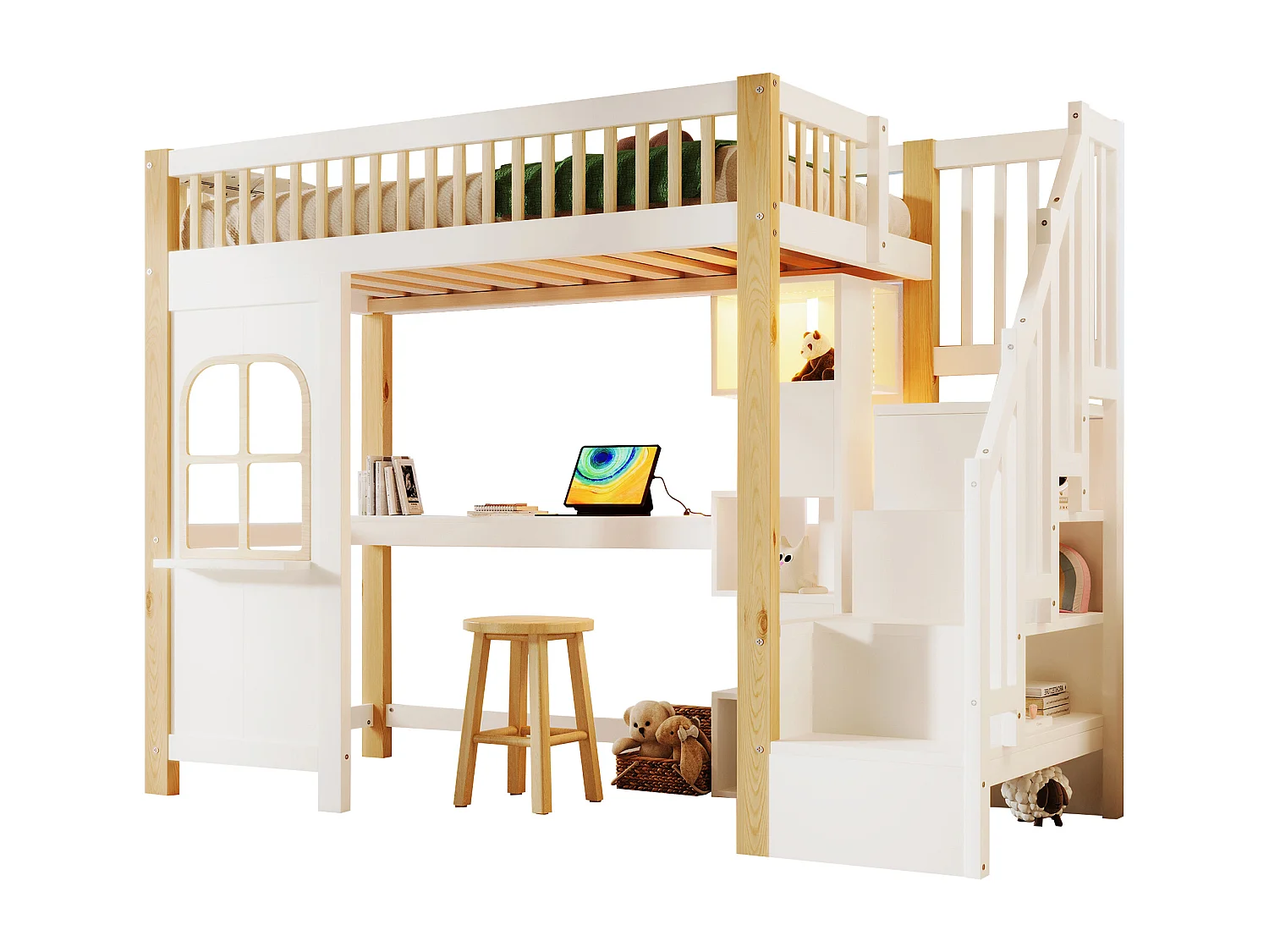 Cama alta infantil - 90 x 200 cm - com LEDs + escada de armazenamento + escrivaninha + prateleira - madeira - branco + natural