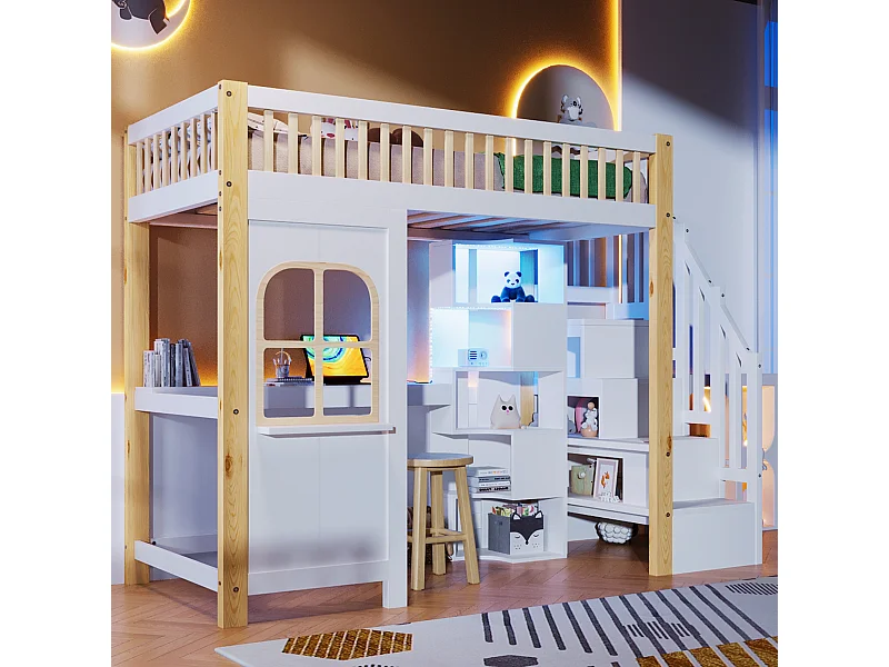 Letto a soppalco per bambini - 90 x 200 cm - con LED + scala portaoggetti + scrivania + ripiano - legno - bianco + naturale