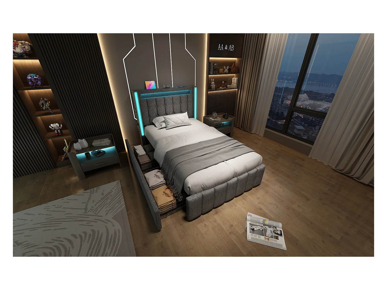 Lit simple 90x200 cm en gris avec fonction de chargement USB et éclairage LED, 2 tiroirs de rangement