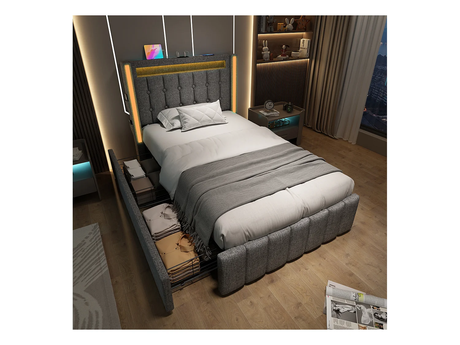 Lit simple 90x200 cm en gris avec fonction de chargement USB et éclairage LED, 2 tiroirs de rangement