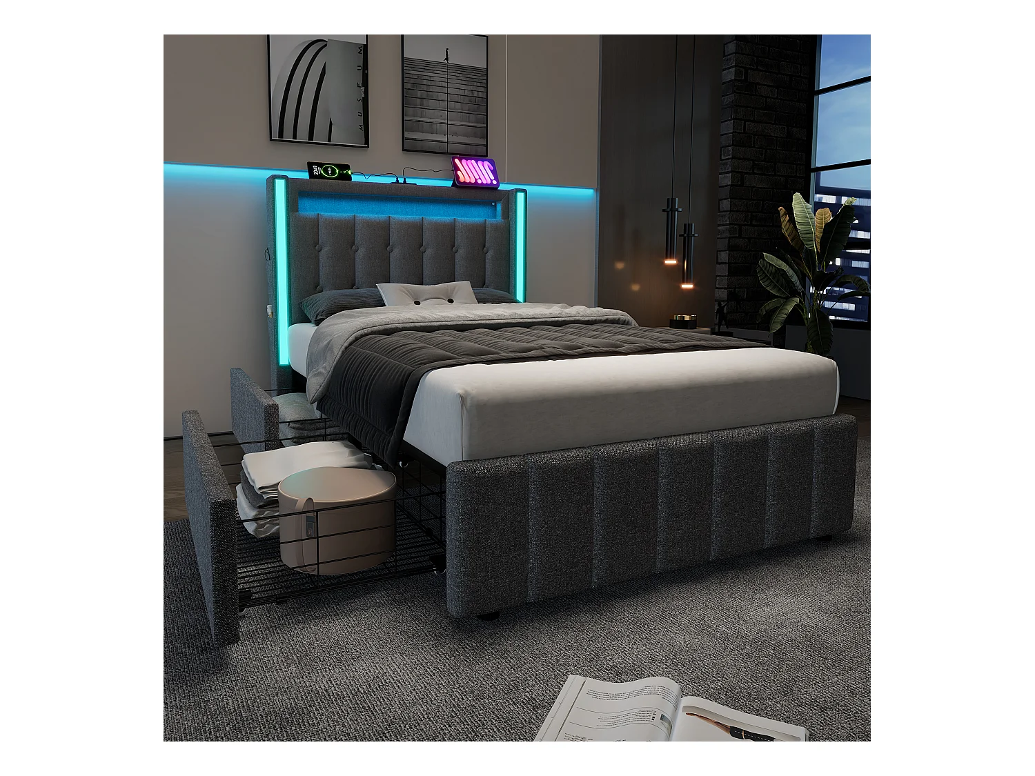 Lit simple 90x200 cm en gris avec fonction de chargement USB et éclairage LED, 2 tiroirs de rangement