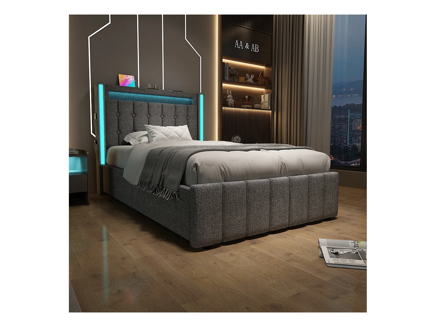 Lit simple 90x200 cm en gris avec fonction de chargement USB et éclairage LED, 2 tiroirs de rangement