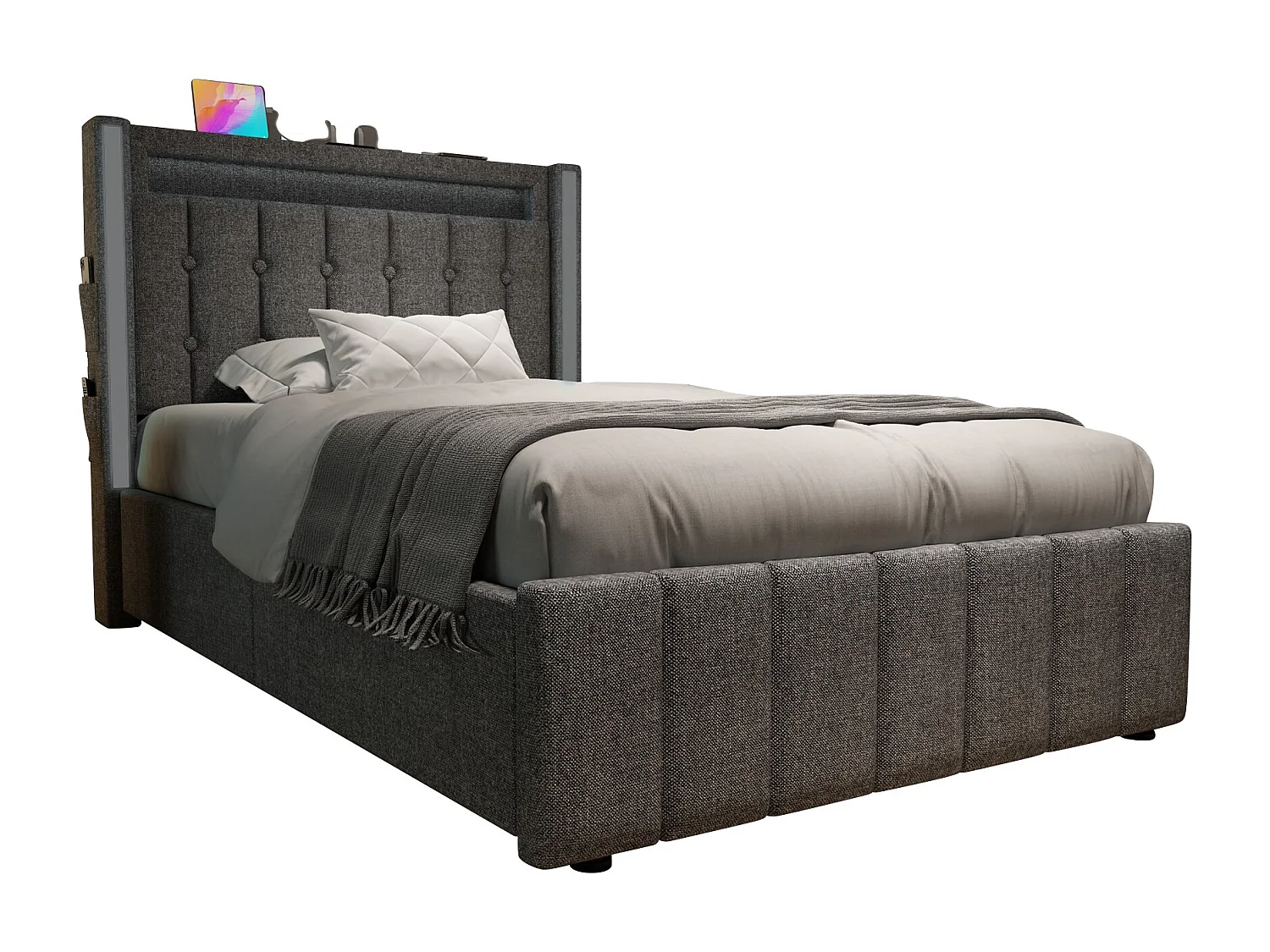 Lit simple 90x200 cm en gris avec fonction de chargement USB et éclairage LED, 2 tiroirs de rangement