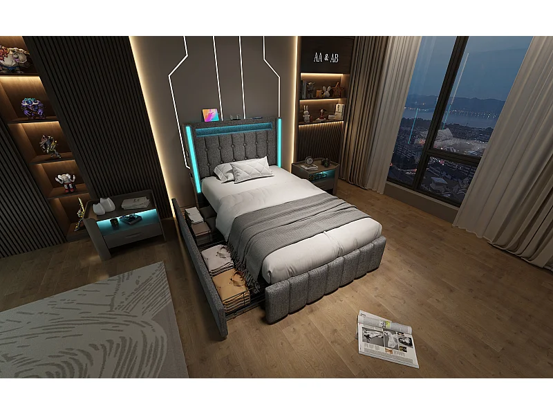 Lit simple 90x200 cm en gris avec fonction de chargement USB et éclairage LED, 2 tiroirs de rangement