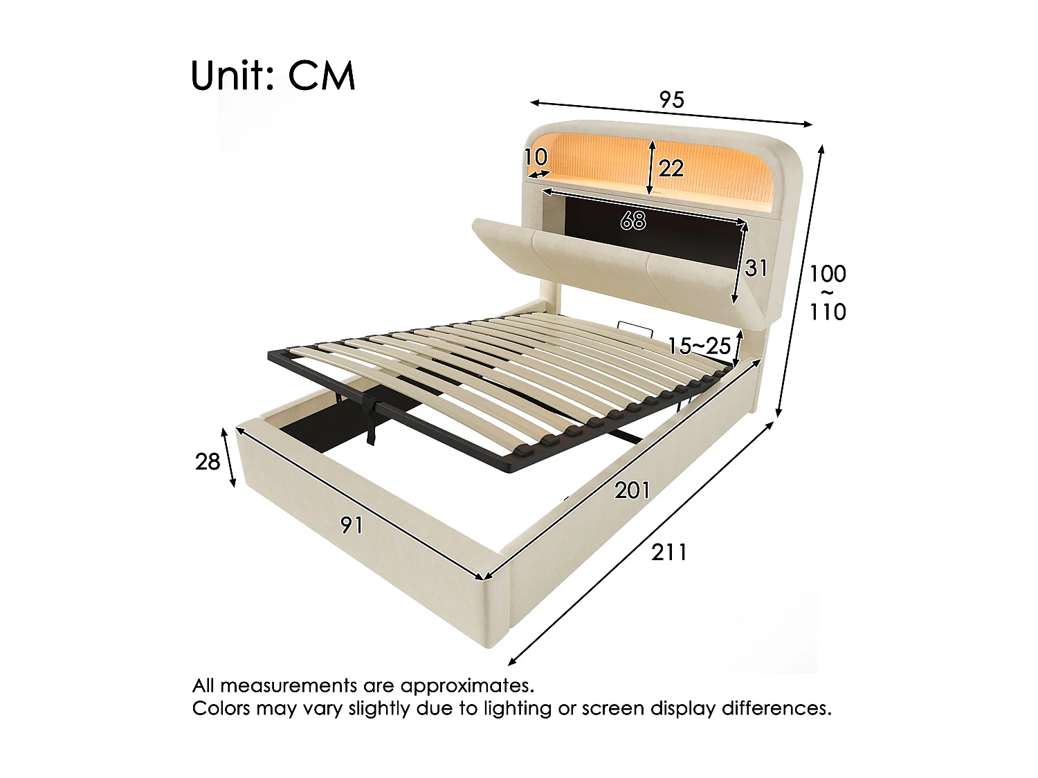 Cama basculante hidráulica - 90 x 200 cm - cabecero ajustable con almacenaje - con LED + USB/Tipo C - terciopelo - beige (con colchón)