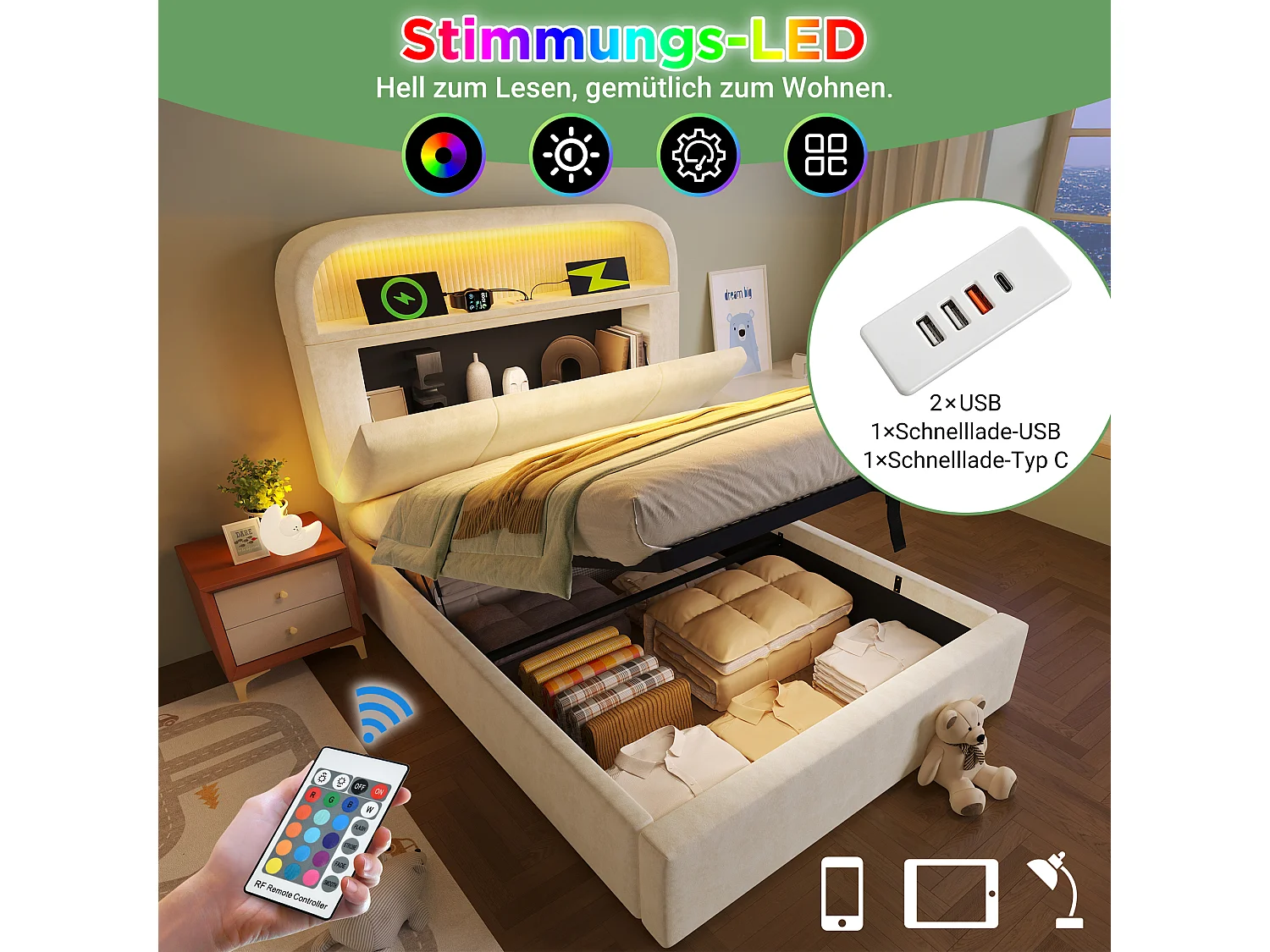 Cama basculante hidráulica - 90 x 200 cm - cabecero ajustable con almacenaje - con LED + USB/Tipo C - terciopelo - beige (con colchón)