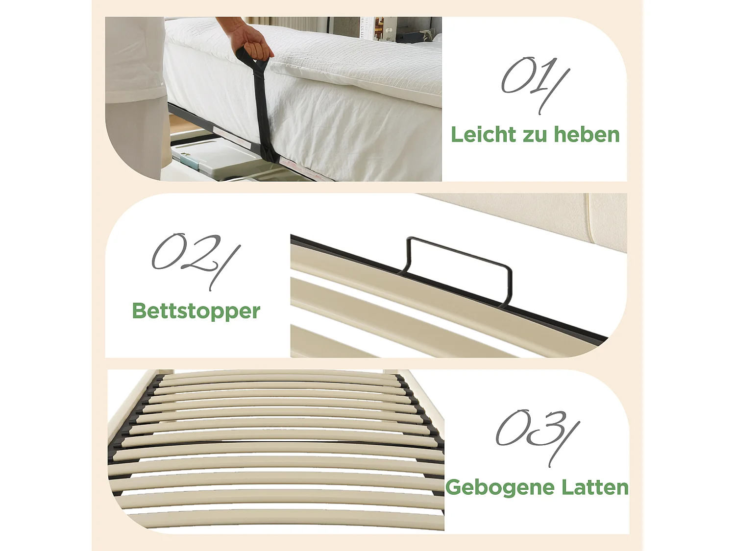 Cama basculante hidráulica - 90 x 200 cm - cabecero ajustable con almacenaje - con LED + USB/Tipo C - terciopelo - beige (con colchón)