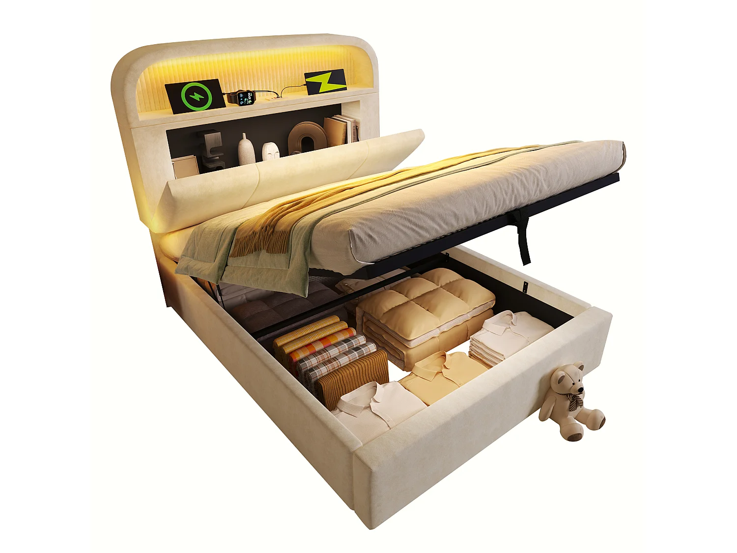 Cama basculante hidráulica - 90 x 200 cm - cabecero ajustable con almacenaje - con LED + USB/Tipo C - terciopelo - beige (con colchón)