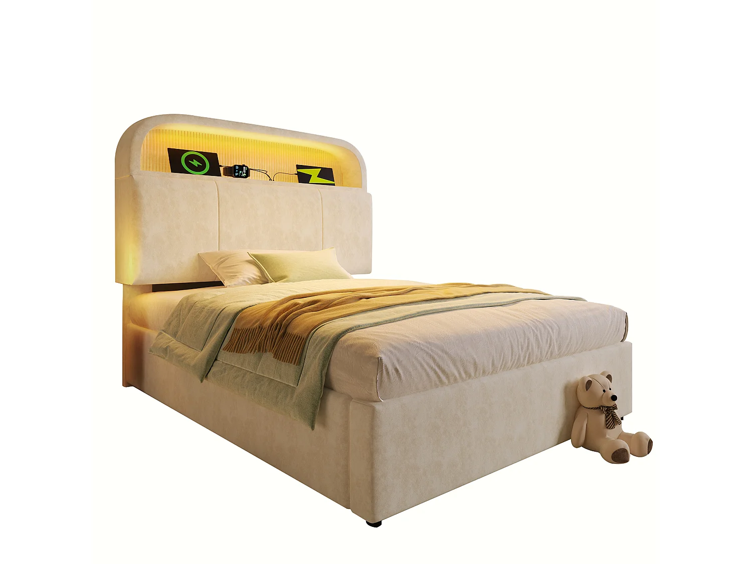 Cama basculante hidráulica - 90 x 200 cm - cabecero ajustable con almacenaje - con LED + USB/Tipo C - terciopelo - beige (con colchón)