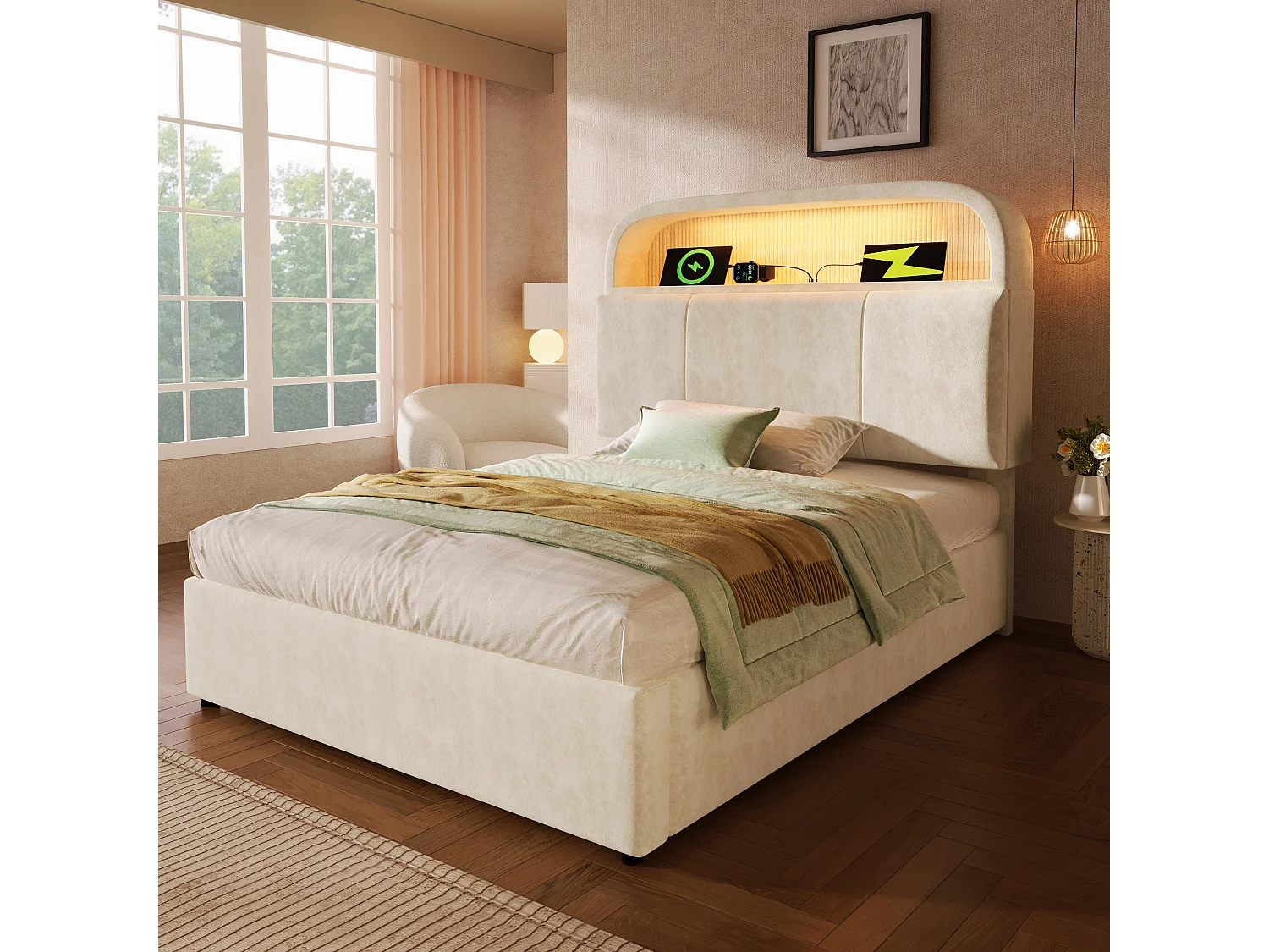 Cama basculante hidráulica - 90 x 200 cm - cabecero ajustable con almacenaje - con LED + USB/Tipo C - terciopelo - beige (con colchón)