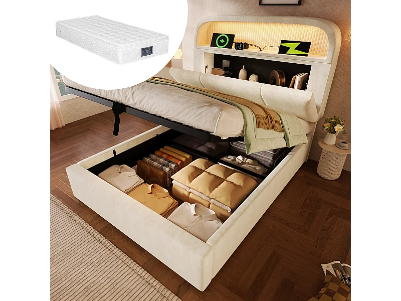 Letto contenitore idraulico - 90 x 200 cm - testiera regolabile con contenitore - con LED + USB/Type-C - velluto - beige (con materasso)