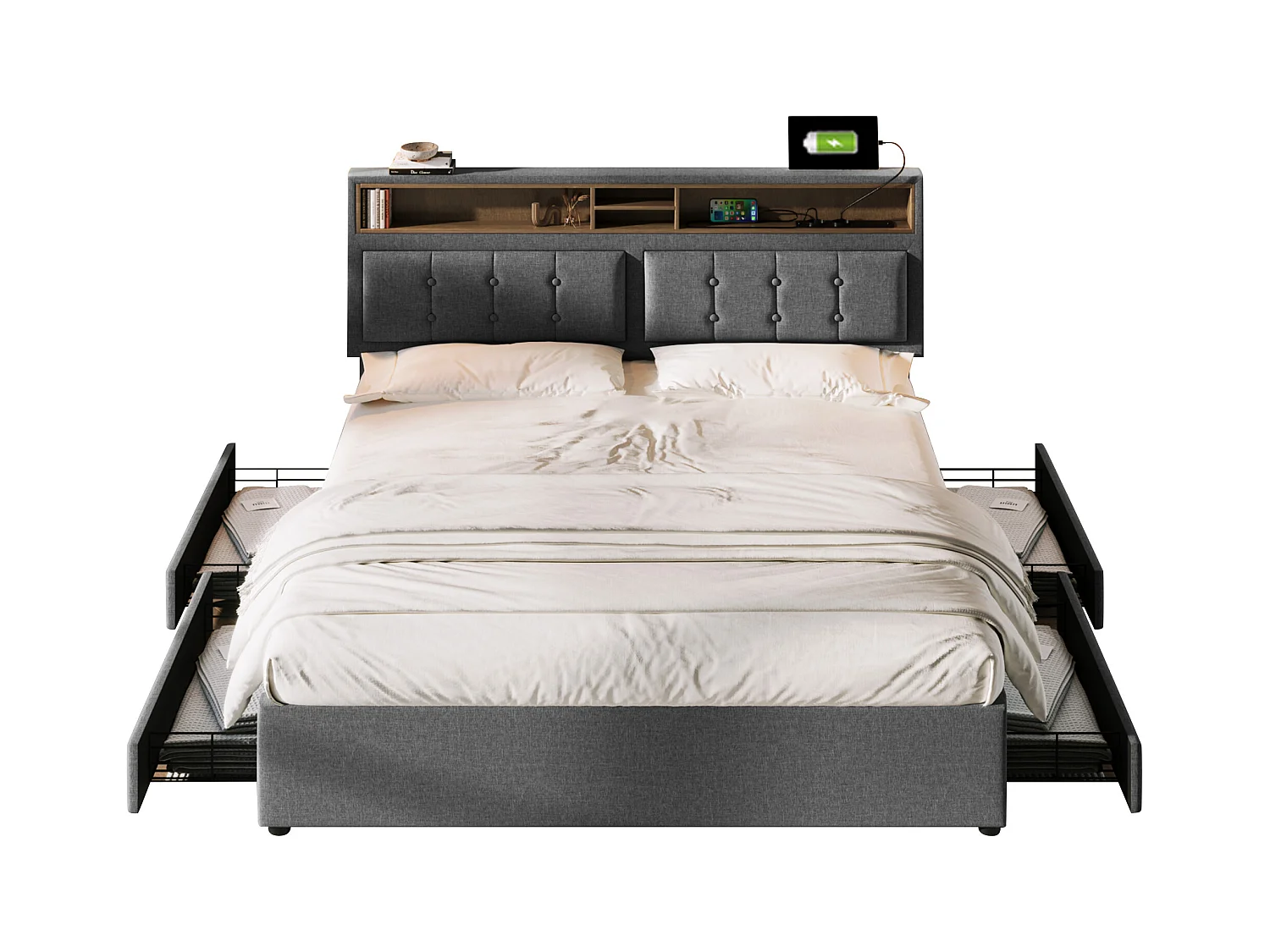 Lit double 140x200 cm avec 4 tiroirs et prise USB-C, tête de lit réglable en hauteur, sommier en bois