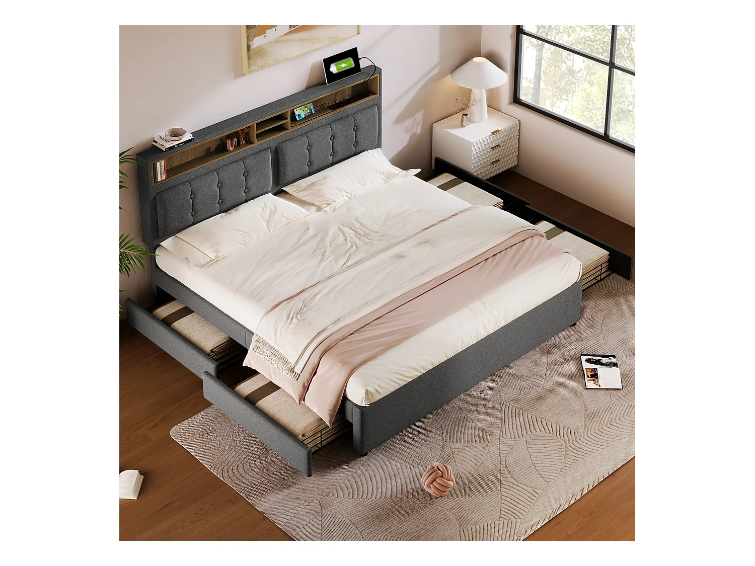 Lit double 140x200 cm avec 4 tiroirs et prise USB-C, tête de lit réglable en hauteur, sommier en bois