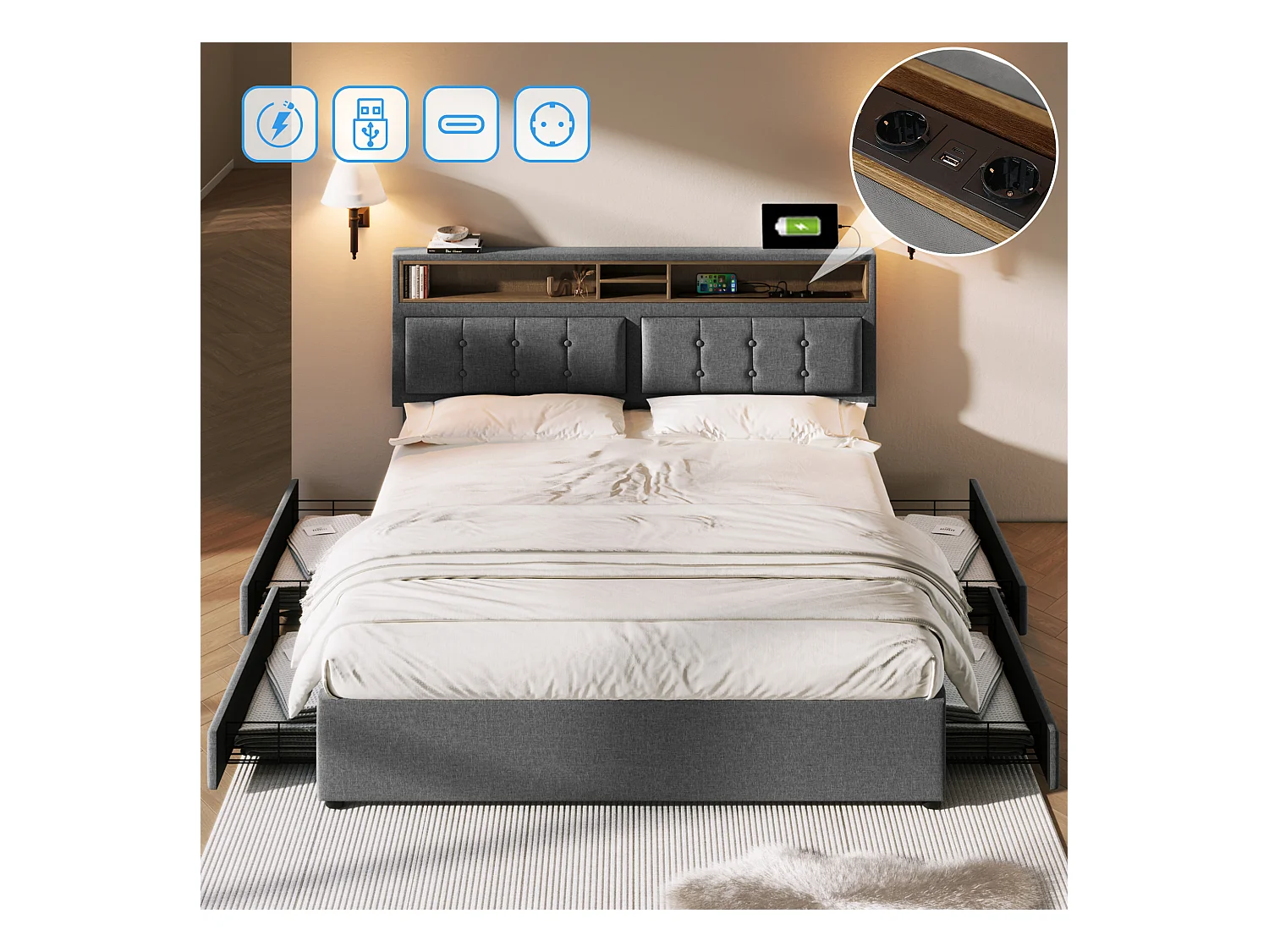 Lit double 140x200 cm avec 4 tiroirs et prise USB-C, tête de lit réglable en hauteur, sommier en bois