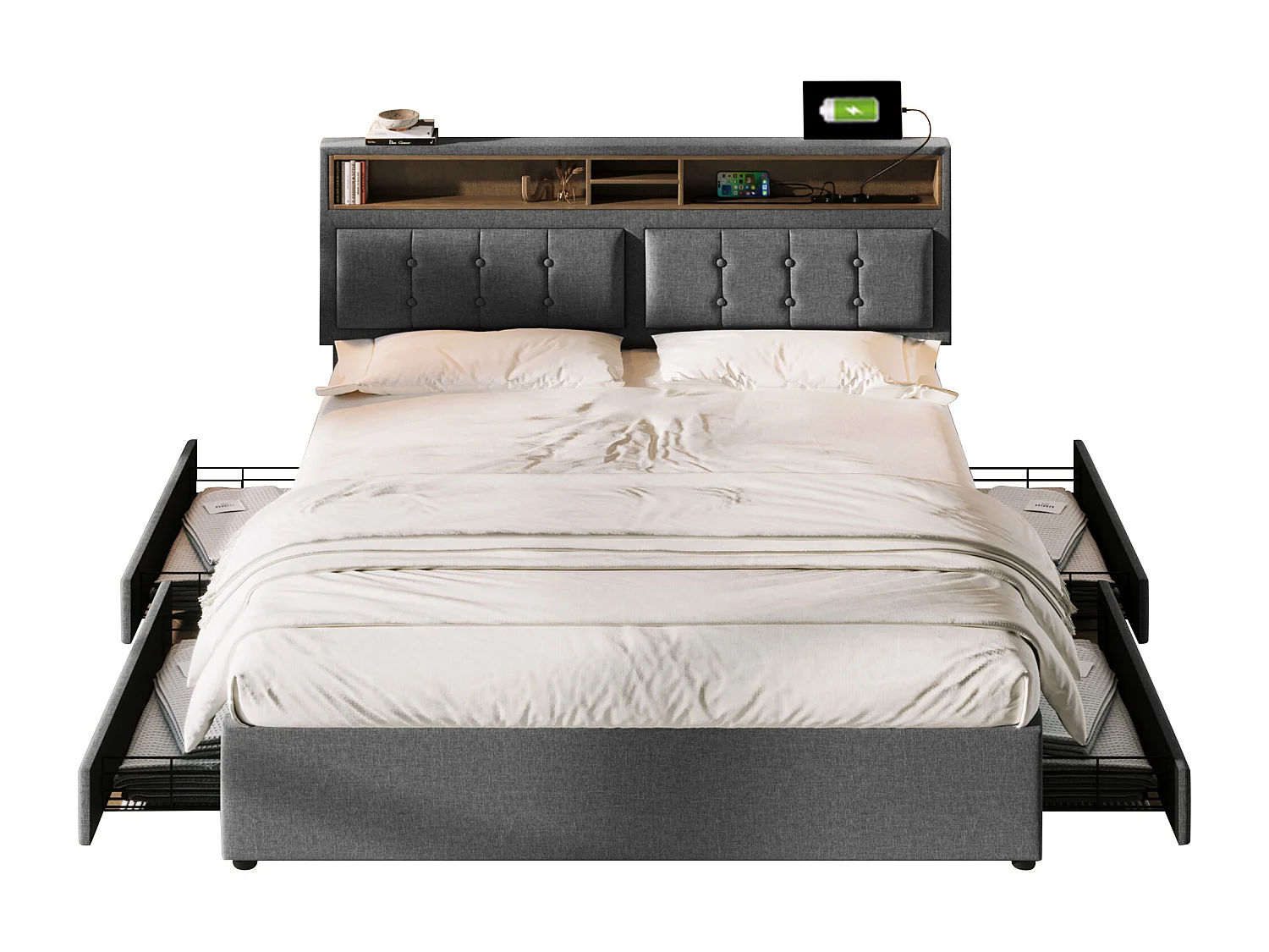 Lit double 140x200 cm avec 4 tiroirs et prise USB-C, tête de lit réglable en hauteur, sommier en bois