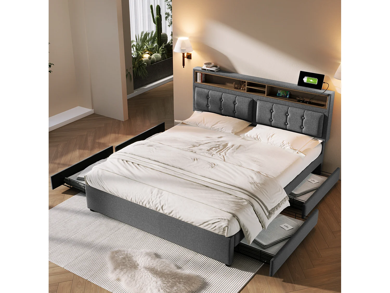 Lit double 140x200 cm avec 4 tiroirs et prise USB-C, tête de lit réglable en hauteur, sommier en bois