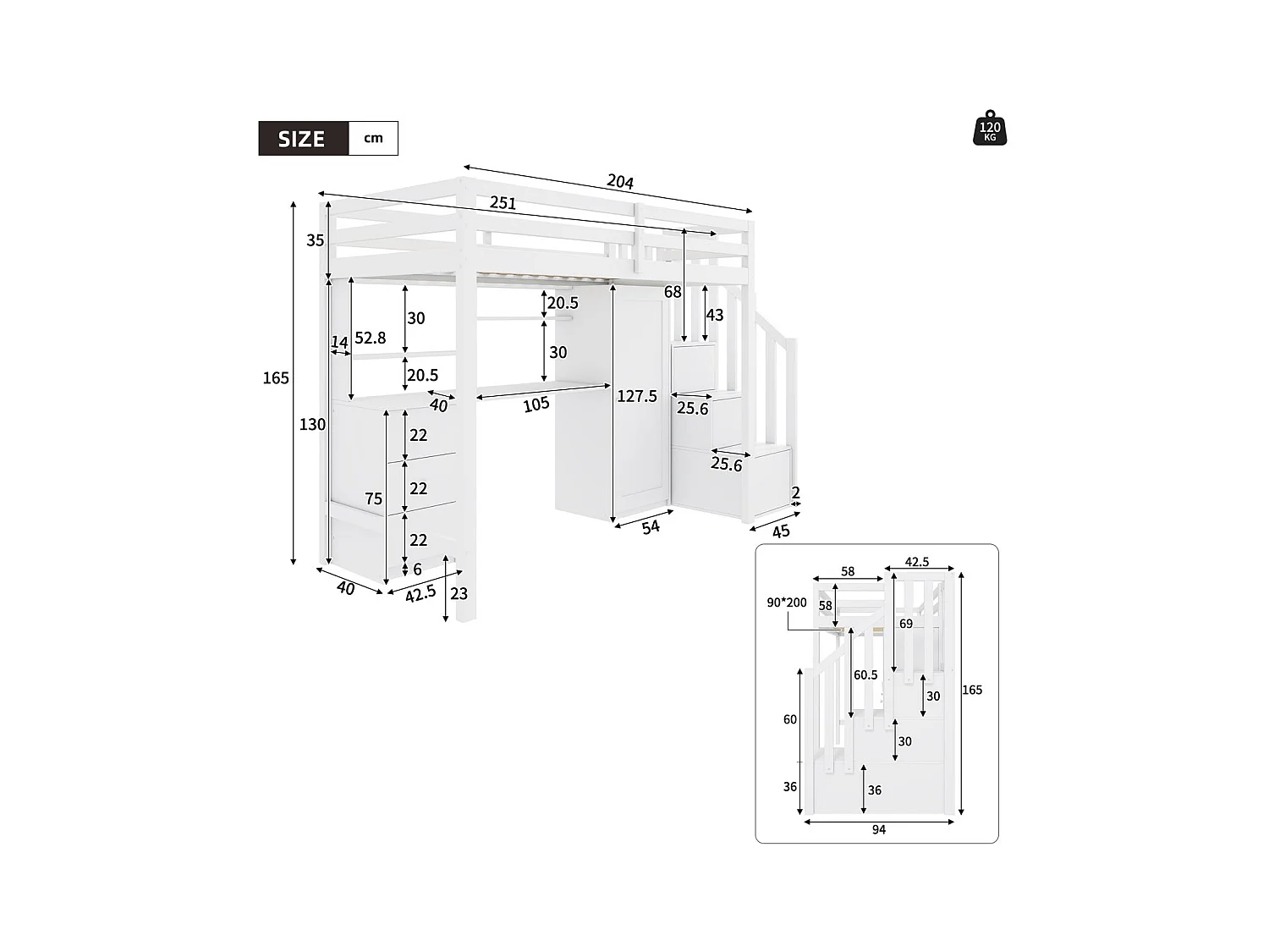 Lit mezzanine 90 x 200 cm avec bureau + 3 tiroirs et armoire + escalier de rangement - Bois - Blanc