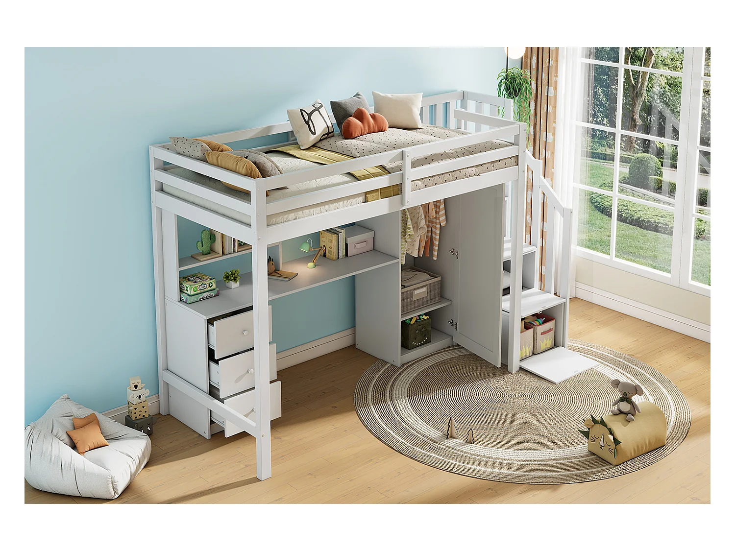 Lit mezzanine 90 x 200 cm avec bureau + 3 tiroirs et armoire + escalier de rangement - Bois - Blanc