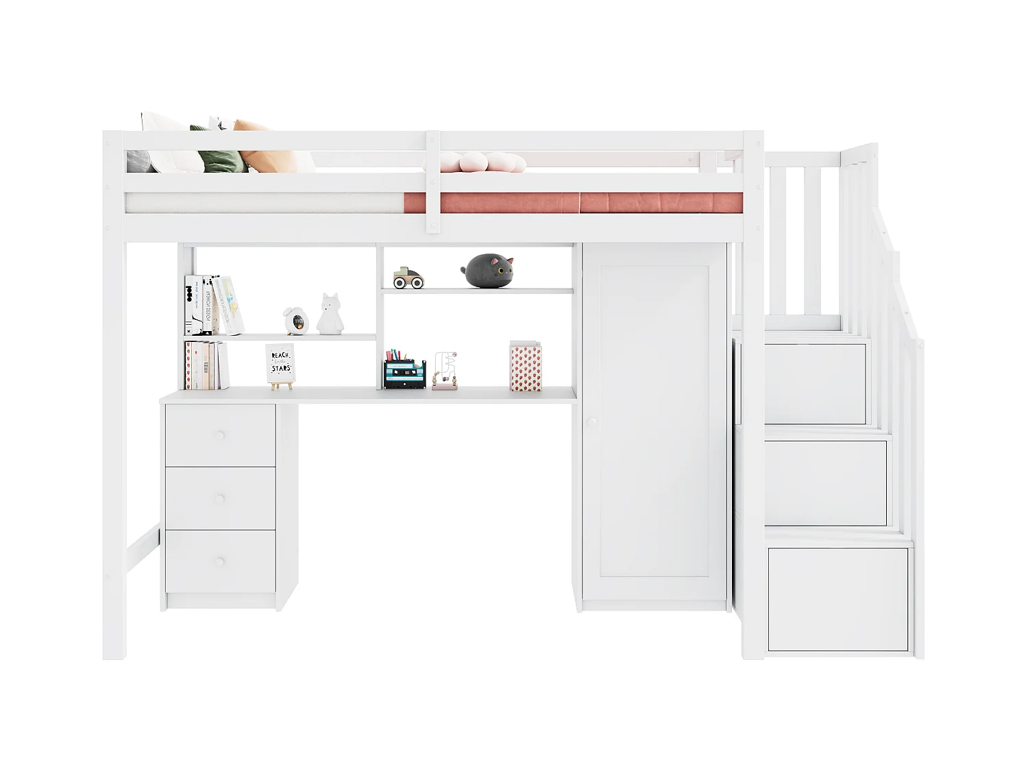 90 x 200 cm Hochbett mit Schreibtisch + 3 Schubladen und Kleiderschrank + Stauraumtreppe - Holz - Weiß