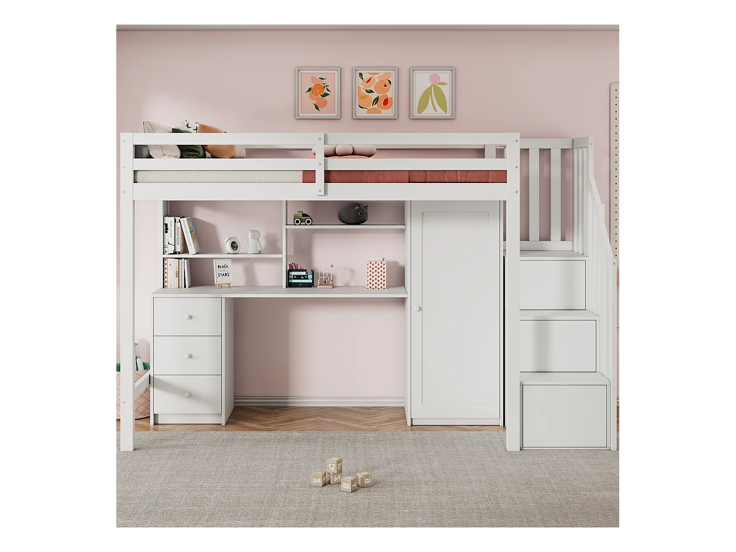 90 x 200 cm Hochbett mit Schreibtisch + 3 Schubladen und Kleiderschrank + Stauraumtreppe - Holz - Weiß