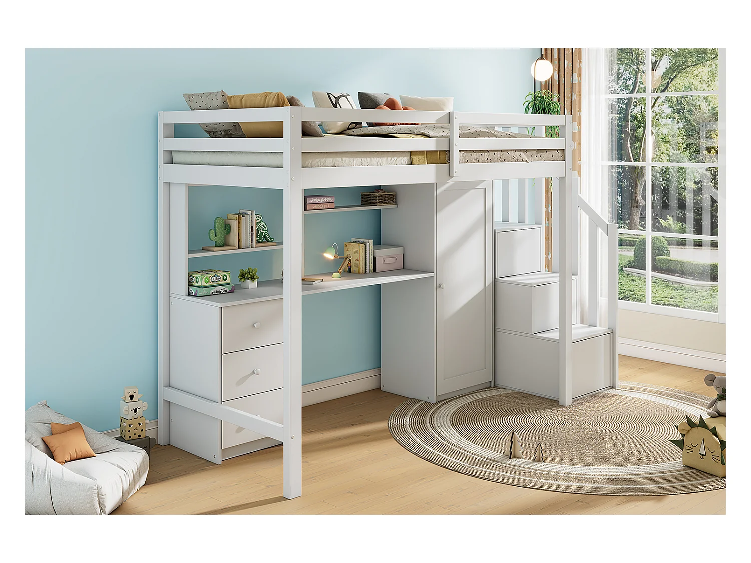 90 x 200 cm Hochbett mit Schreibtisch + 3 Schubladen und Kleiderschrank + Stauraumtreppe - Holz - Weiß