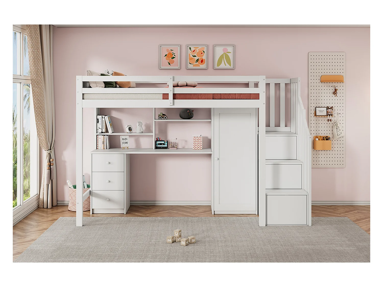 90 x 200 cm Hochbett mit Schreibtisch + 3 Schubladen und Kleiderschrank + Stauraumtreppe - Holz - Weiß