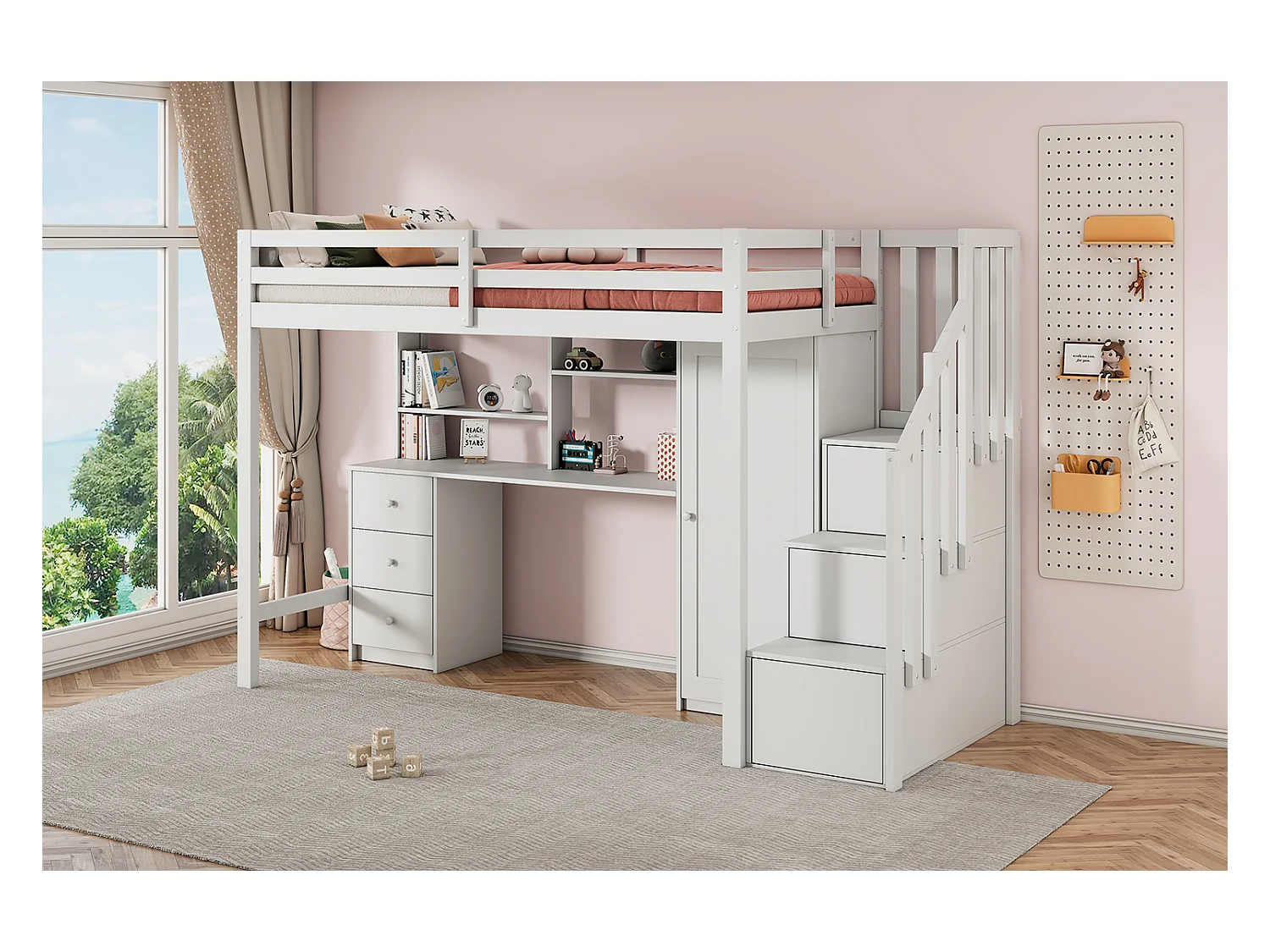90 x 200 cm Hochbett mit Schreibtisch + 3 Schubladen und Kleiderschrank + Stauraumtreppe - Holz - Weiß