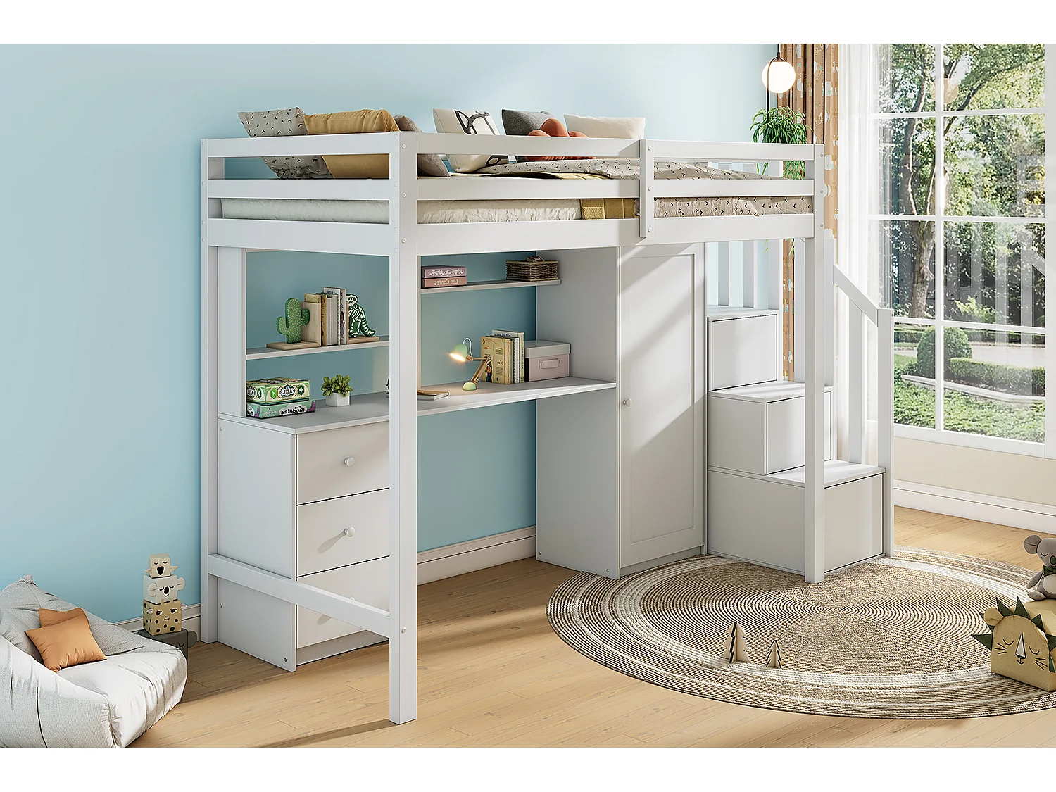 Lit mezzanine 90 x 200 cm avec bureau + 3 tiroirs et armoire + escalier de rangement - Bois - Blanc