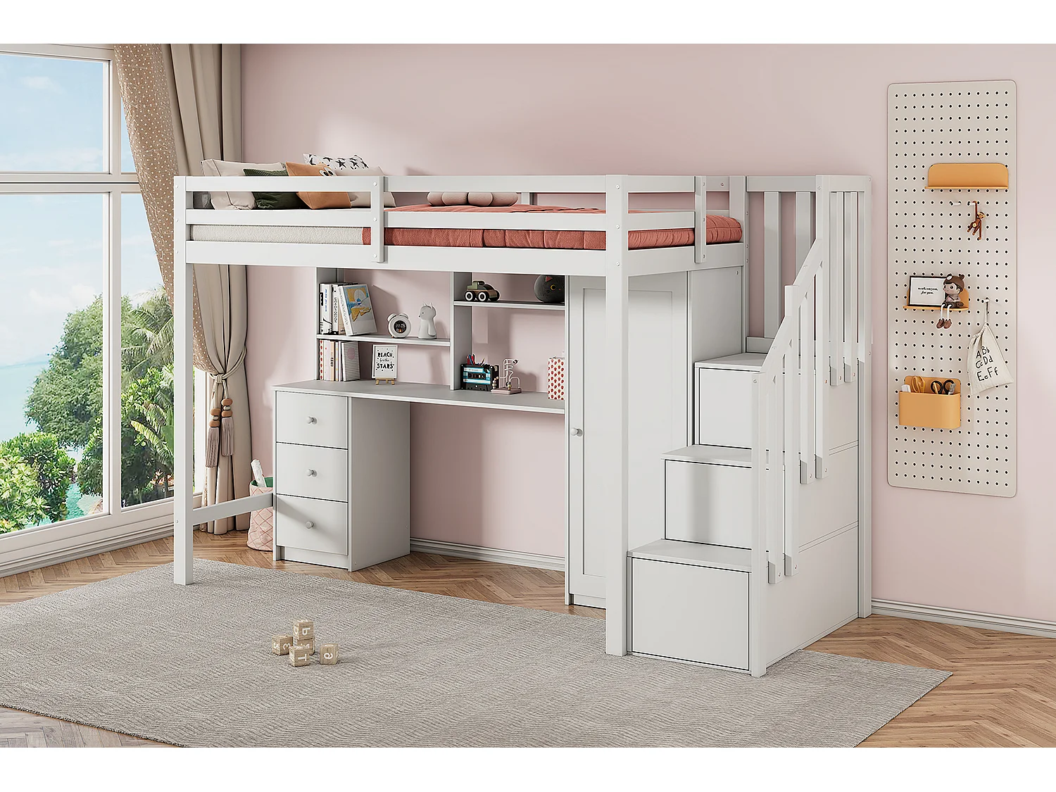 Lit mezzanine 90 x 200 cm avec bureau + 3 tiroirs et armoire + escalier de rangement - Bois - Blanc