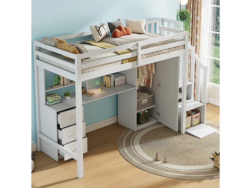 Letto a soppalco 90 x 200 cm con scrivania + 3 cassetti e armadio + scaletta portaoggetti - Legno - Bianco