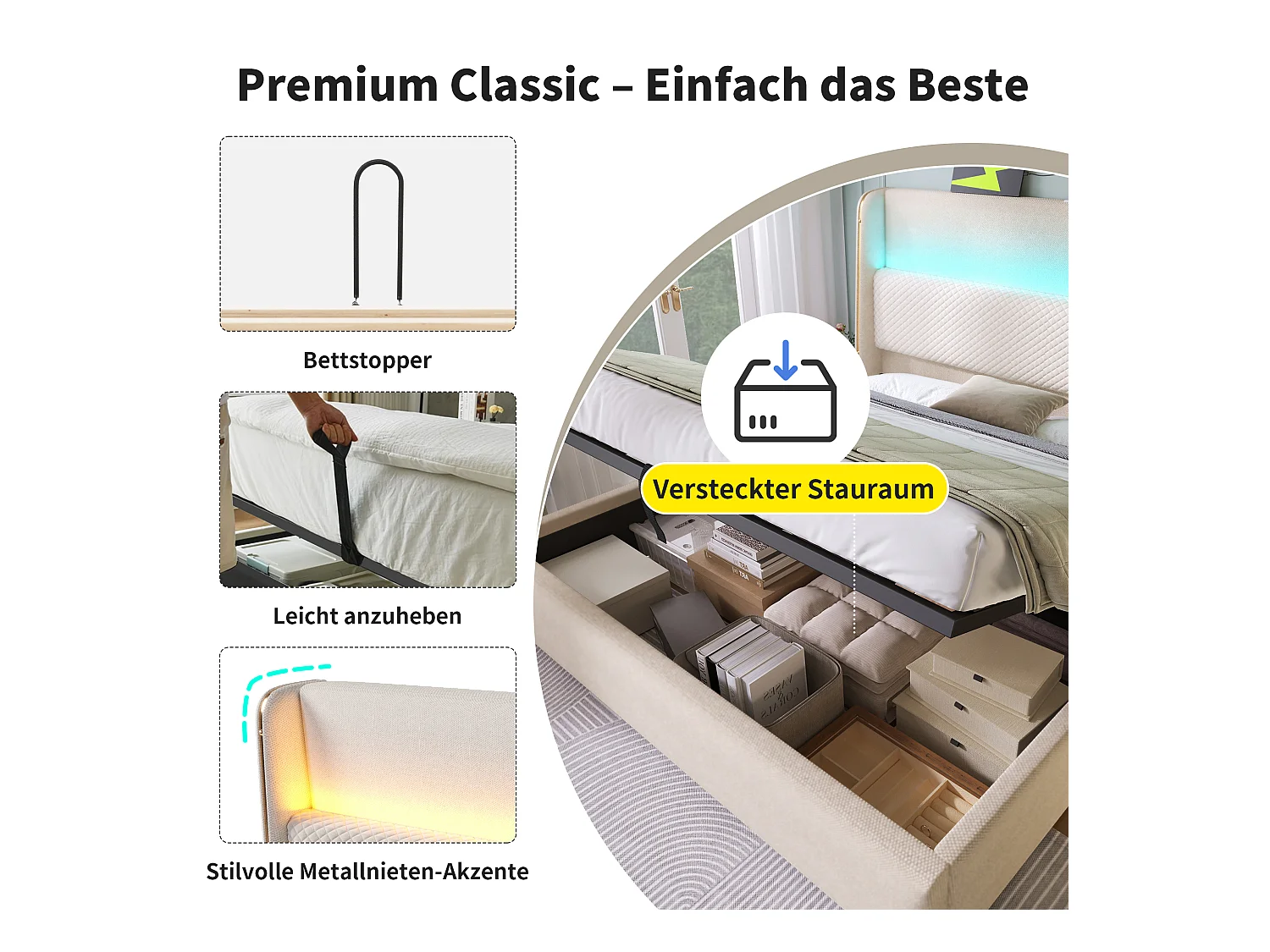 Letto contenitore idraulico con testiera + LED e porte USB/Type-C - 140 x 200 cm - lino - beige (con materasso)