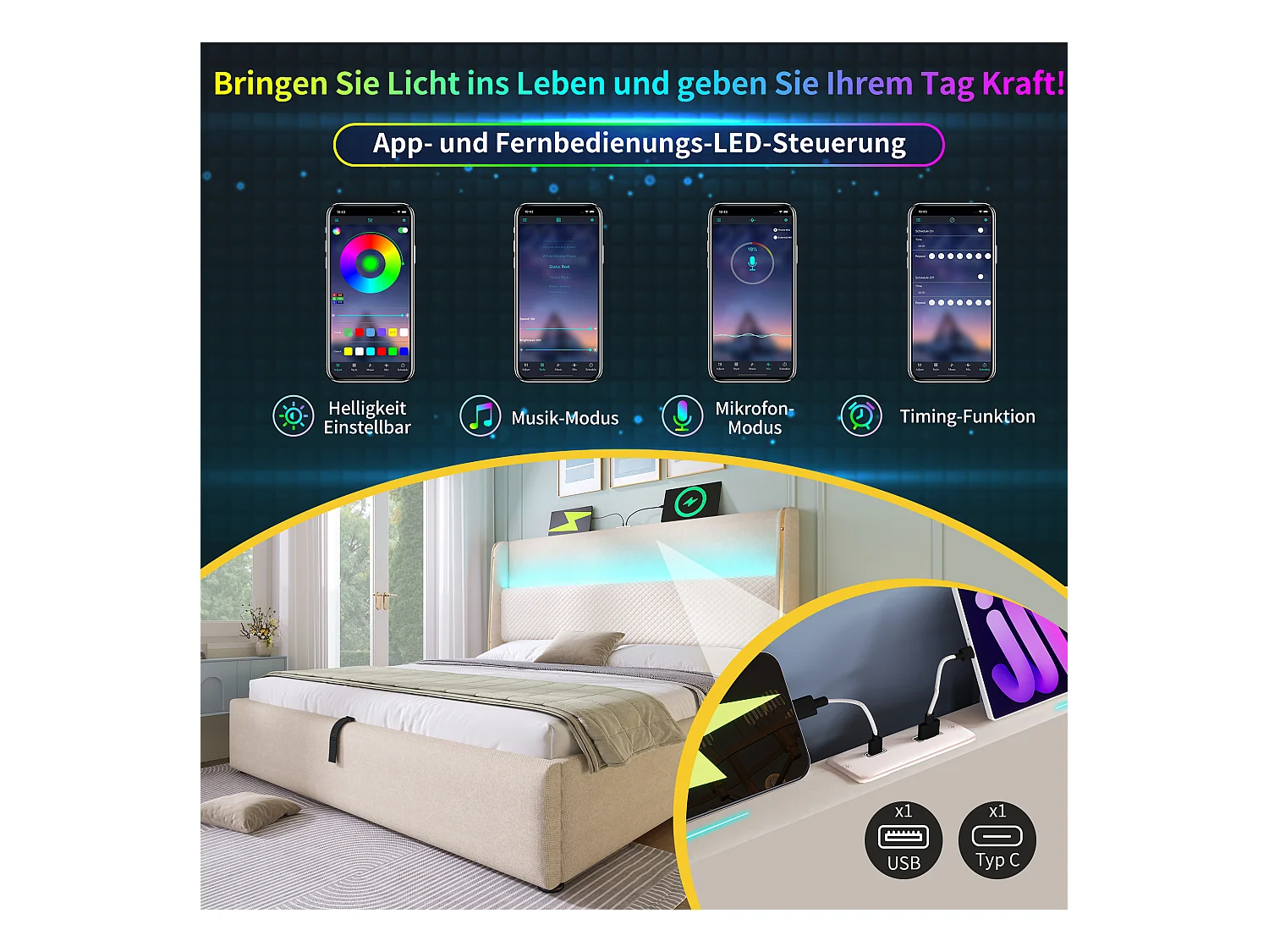 Letto contenitore idraulico con testiera + LED e porte USB/Type-C - 140 x 200 cm - lino - beige (con materasso)