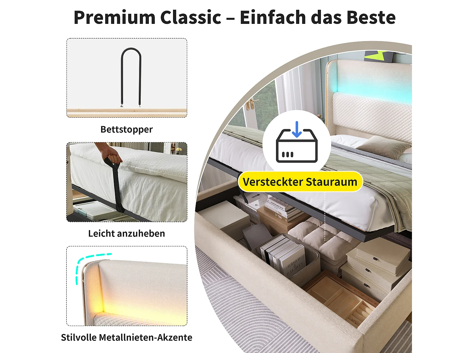 Lit coffre hydraulique avec tête de lit + Leds et ports USB/Type-C - 160 x 200 cm - lin - beige