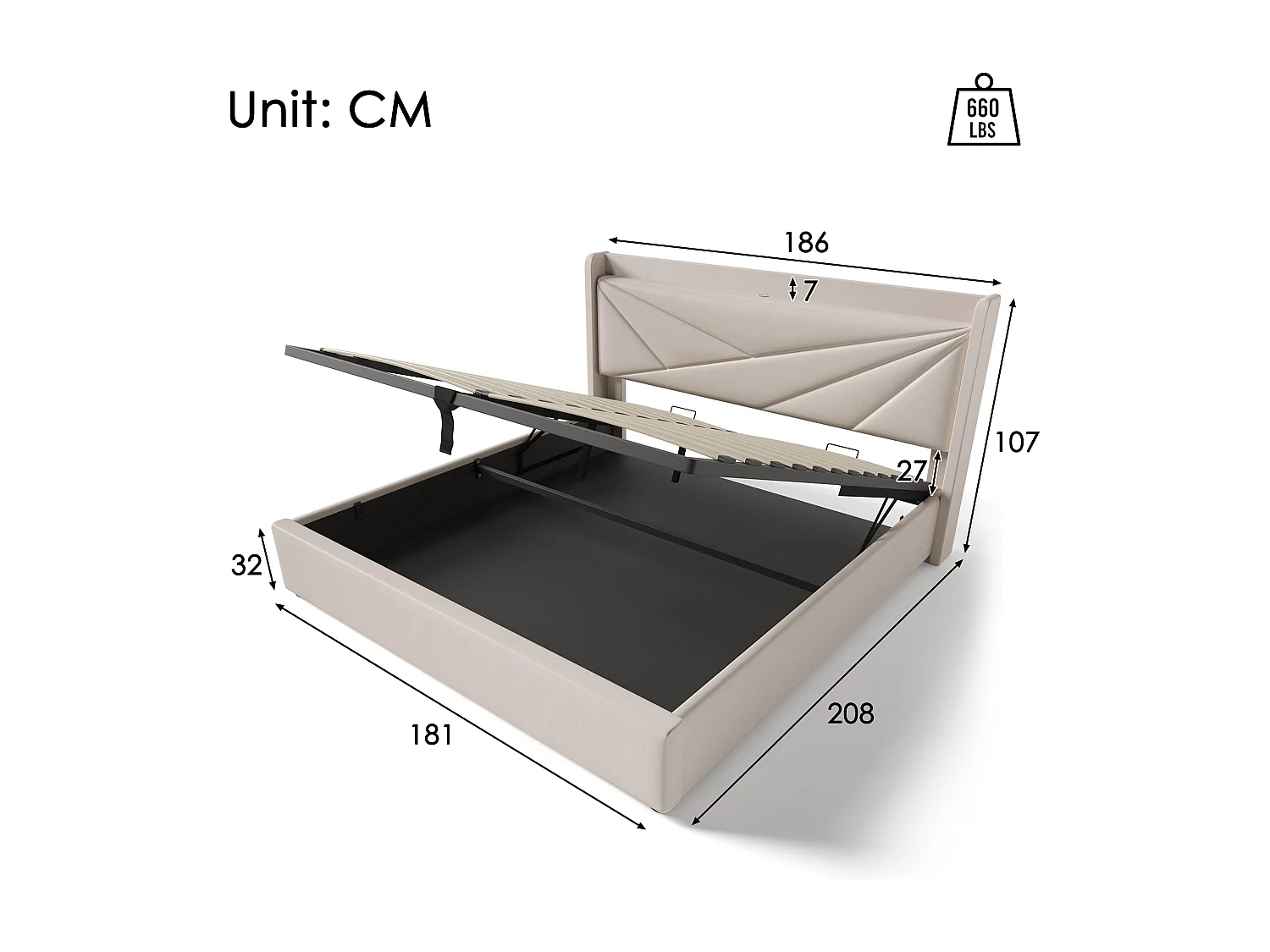 Lit double avec rangement et fonction de chargement USB Type C, 180x200 cm, beige, tête de lit moderne