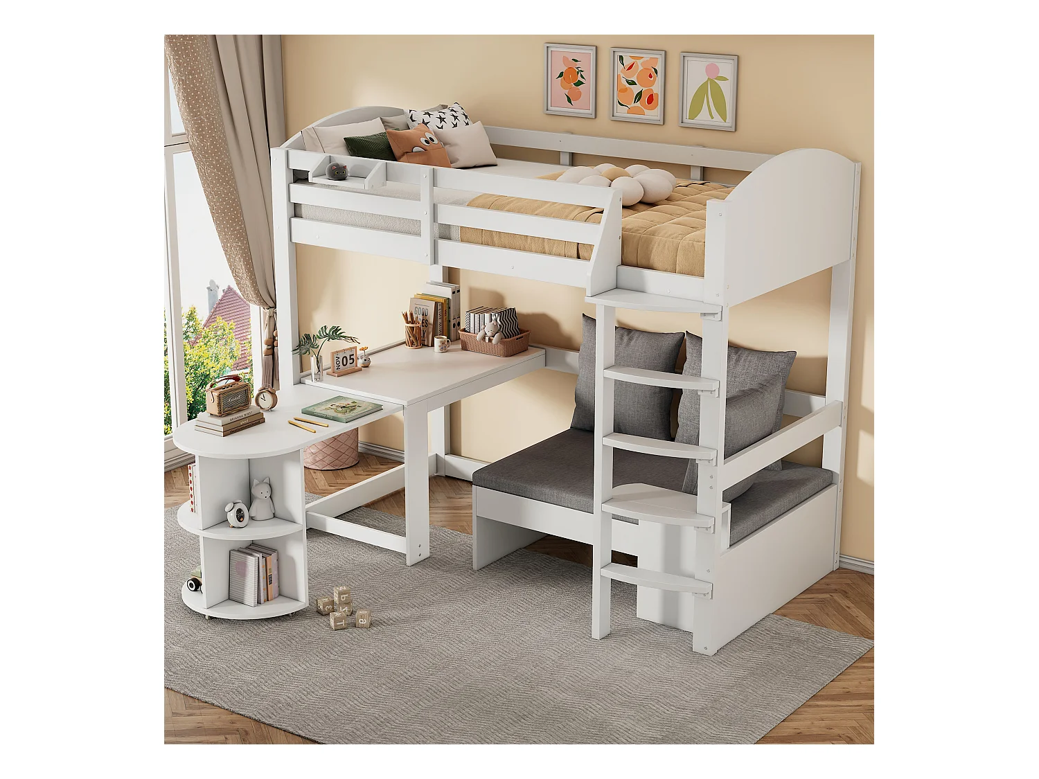 Mezzaninebed 90 x 200 cm met uitschuifbare tafel + bank en 3 kussens + kussens - Hout - Wit